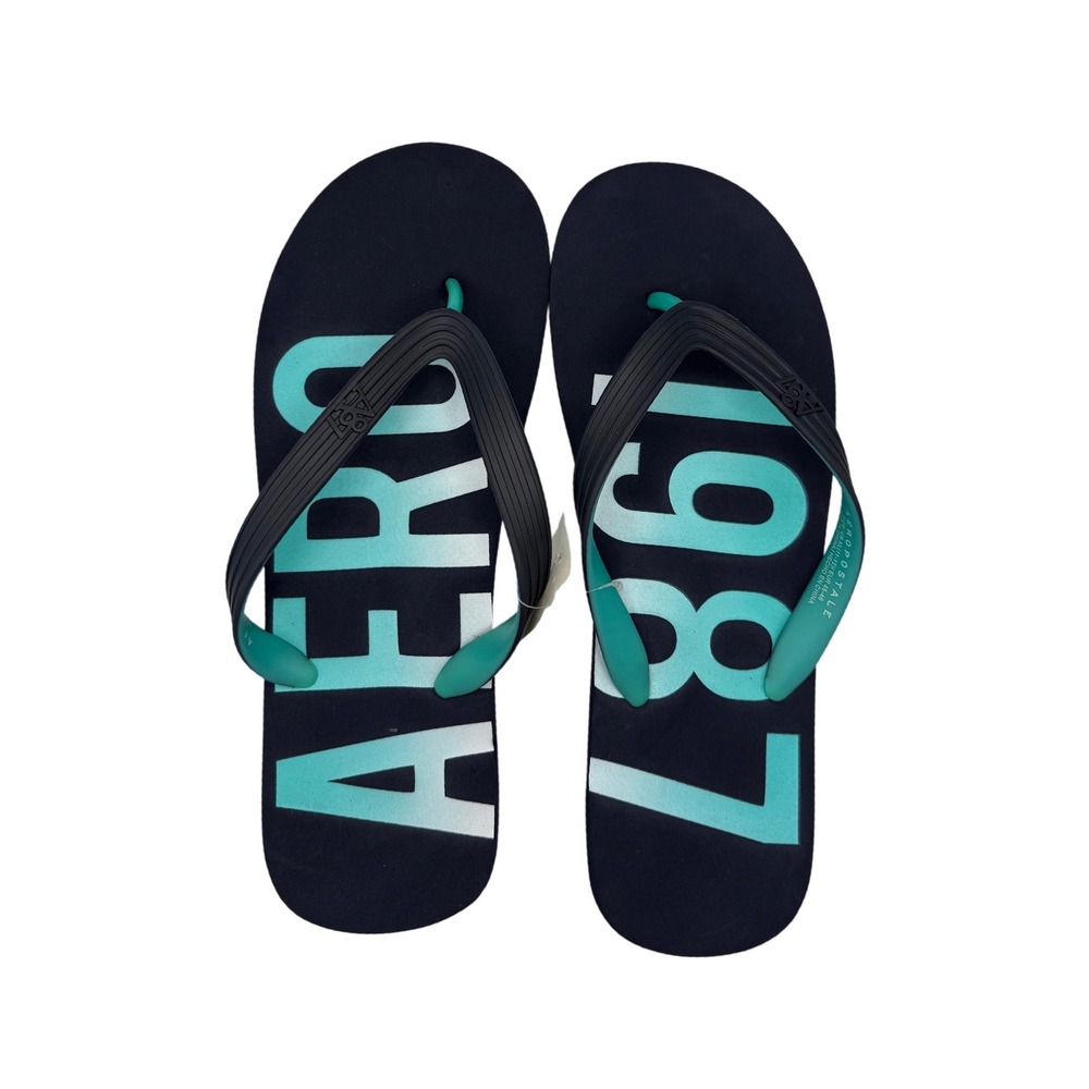 NWT Aeropostale Men XL (11-12) Flip Flops Navy Teal AERO 1987 Graphic Sandals